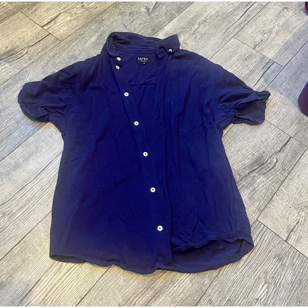 BooHoo Man Mens Medium‎ Polo Collared Short Sleeve Button up Shirt Blue